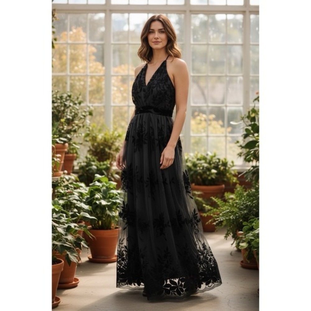 Black Velvet Burnout Babydoll Mesh Maxi Dress Women's Formal Whimsy Goth Size S